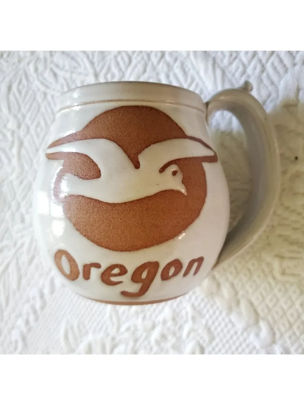 NOS Vtg Signed Pottery Mug Seagull Sunset Oregon Mug Stoneware Cup Rustic Travel
